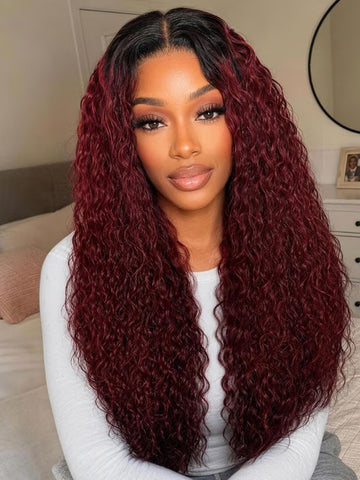 Klaiyi 99J Burgundy Water Wave Wig with Dark Roots Glueless Wig 7x5 Glueless Lace Put On&Go