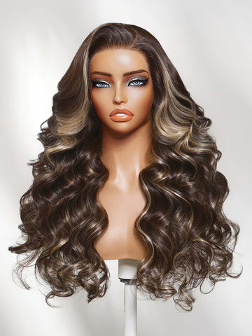 Klaiyi 7x5 No-Slip Glueless Lace Closure Wig Mocha Brown Balayage with Ash Blonde Highlights Body Wave Human Hair Wig