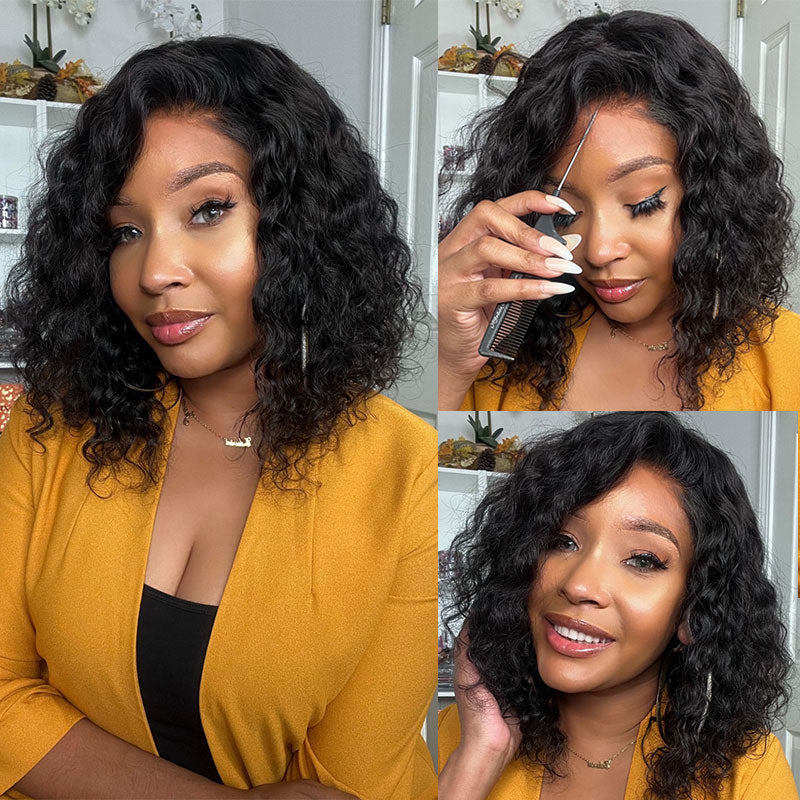 Klaiyi Water Wave 7x5 Bye Bye Knots Pre-cut Glueless Lace Closure Wear Go Wig Short Bob Virgin Human Hair