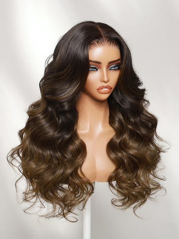 Klaiyi 13x4 Pre-Everything Lace Frontal Wig Ombre Caramel Balayage Highlights Body Wave Human Hair Wig