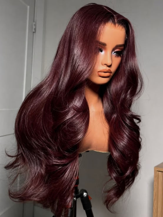 Klaiyi 7x5 Bye Bye Knots No Slip Glueless Lace Wig Burgundy Red Layered Body Wave Human Hair Wig