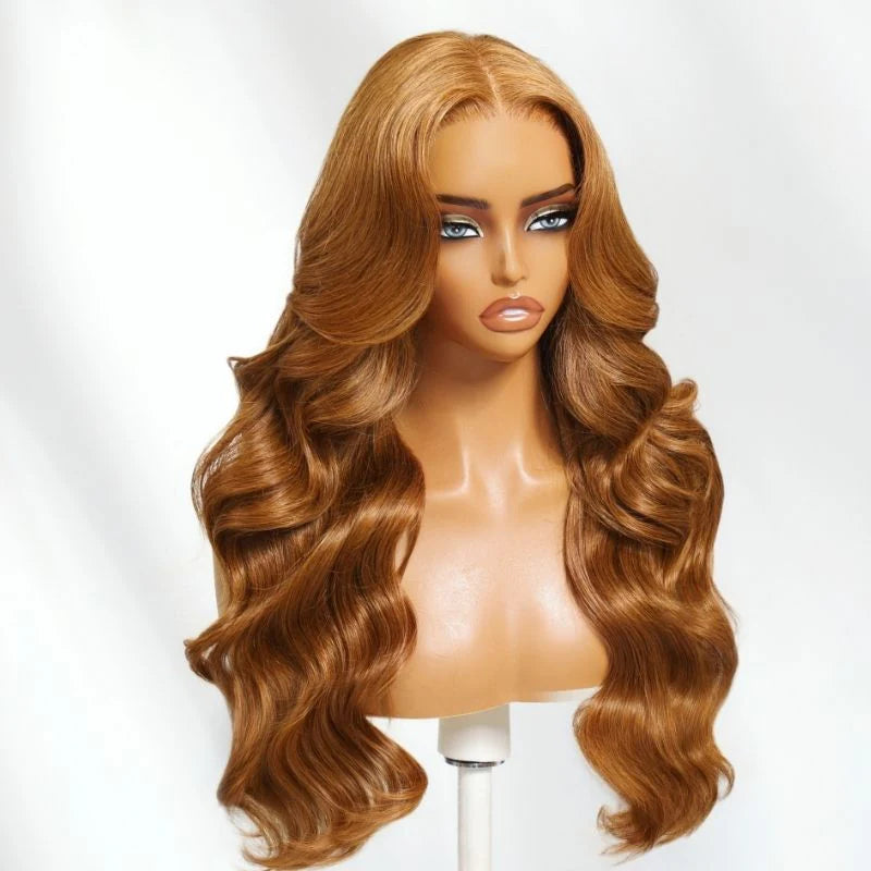 Klaiyi Honey Brown Body Wave Wig 13x4 Pre-Everything Lace Frontal Put on and Go Glueless Human Hair Wig with Inivi-Drawstring