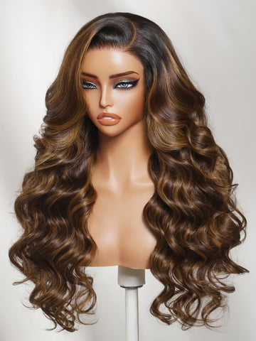 Klaiyi 13x4 Pre-Everything Lace Frontal Wig Deep Brunette With Warm Brown Highlights Body Wave Human Hair Wig with Invisi-Drawstring