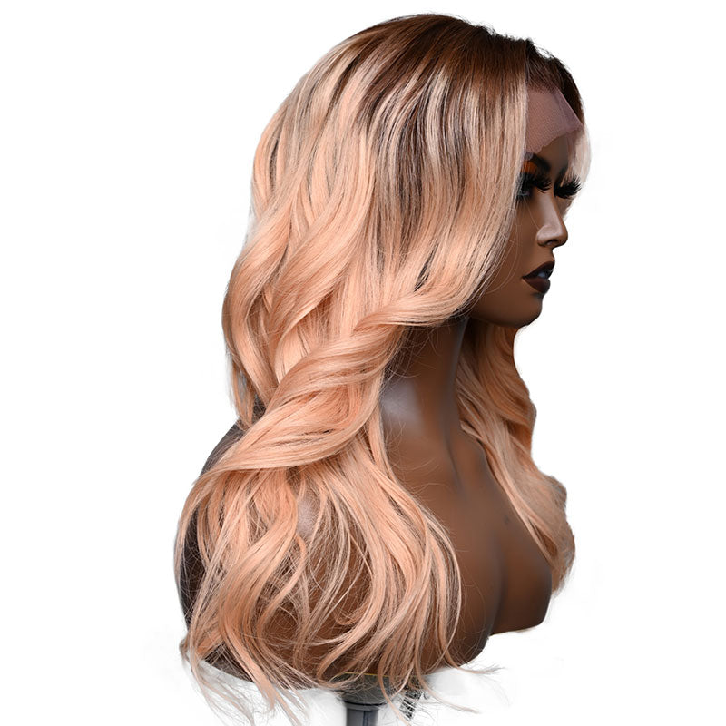 Extra 60% OFF | Klaiyi Champagne Rose Body Wave Wig Human Hair with Brown Roots Melon Color Hair