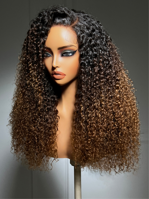 Klaiyi 7x5 No Slip Glueless Lace Wig Dark Brown To Warm Golden Caramel Curly Human Hair Wig