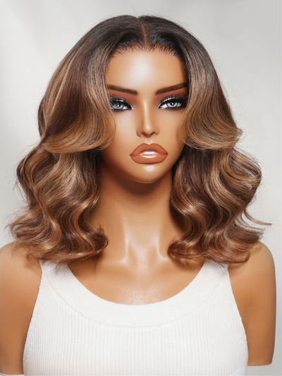Klaiyi 13x4 Pre-Everything Lace Forntal Wig Sun-kissed Copper Brown Highlights Face-framing Layered Blowout Bob Wig
