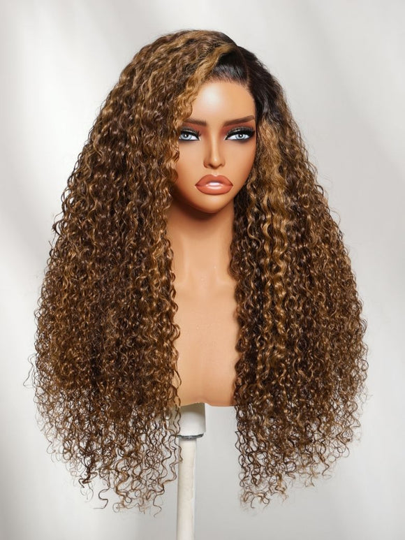 Klaiyi Sun-Kissed Brown Curly Wig with Honey Caramel Highlights 13x4 Glueless Lace Frontal Wig Put On & Go with Invisi Drawstring