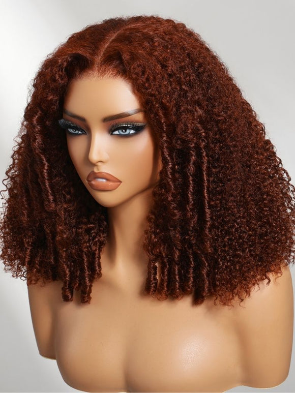 Klaiyi Reddish Brown Jerry Curly 7x5 Bye Bye Knots Human Hair Wig Put On and Go Glueless Lace Wig