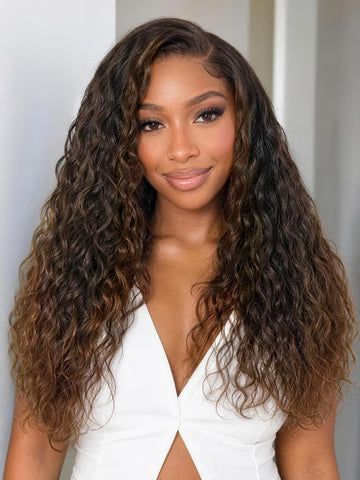 Klaiyi 13x4 Pre-Everything Lace Frontal Black to Chestnut Brown Ombre Loose Water Wave Human Hair Wig
