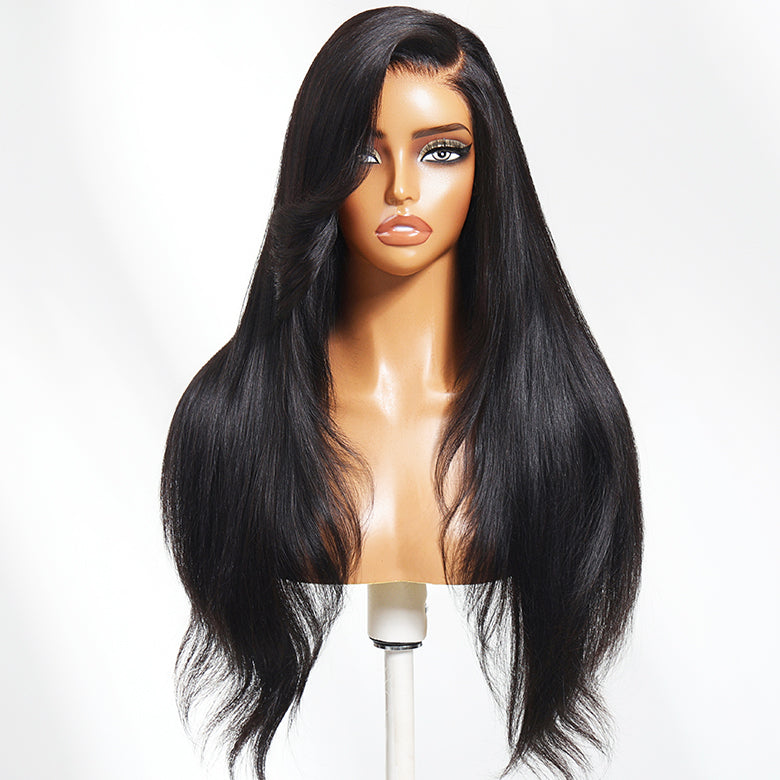 Klaiyi 13x4 Pre-Everything Long Sleek Side Part Straight Wig with Layered Curtain Bangs Put on and Go Glueless Lace Front Wig