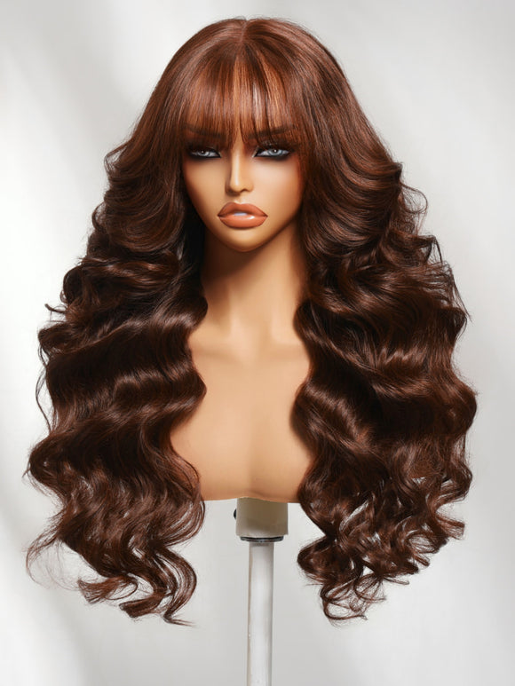 Klaiyi Chocolate Auburn Brown 7x5 No Slip Wig Body Wave With Wispy Bang Put on and Go Glueless Human Wig