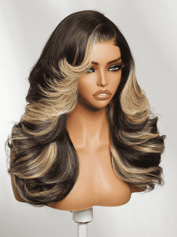 Klaiyi 7x5 No Slip Glueless Feathered Hair Wig 200% Density Black-to-Caramel Blonde Melt Side-Part Loose Curls
