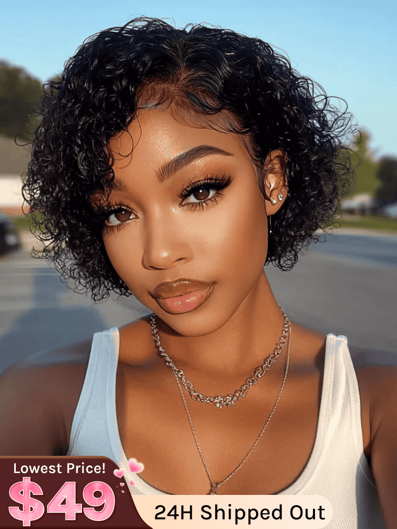 Klaiyi Short Pixie Cut Lace Front Bob Wigs Virgin Human Hair Water Curly Hair Wigs