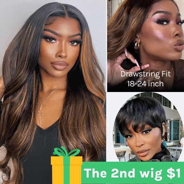The Second One $1 | Klaiyi Dark Root Brown Balayage Highlight 13x5x1 Lace Front Body Wave Wig Flash Sale