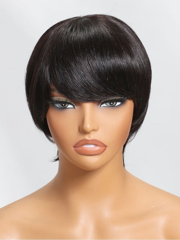 Down To $39 | Klaiyi Short Bob Wigs with Bang Pixie Cut Human Hair Wig Machine Made Natural Black Color Glueless Human Hair Wig Flash Sale