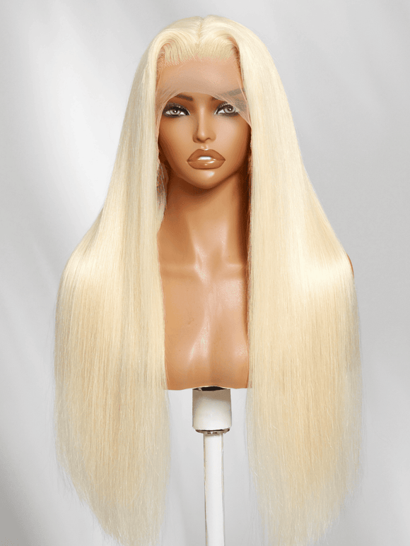 Klaiyi 613 Blonde Straight Transparent 13x4 Lace Frontal Wig Body Wave Human Hair Glueless Wig with Invisi Drawstring 180% Density