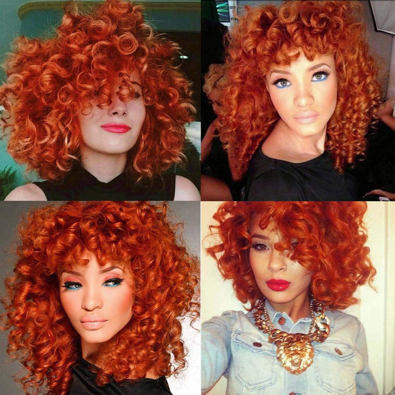 Low to $39 Deal | Klaiyi Afro Short Curly Wig with Bangs Fullness Bouncy Rose Curls Flash Sale Ginger Orange/613 Blonde Color