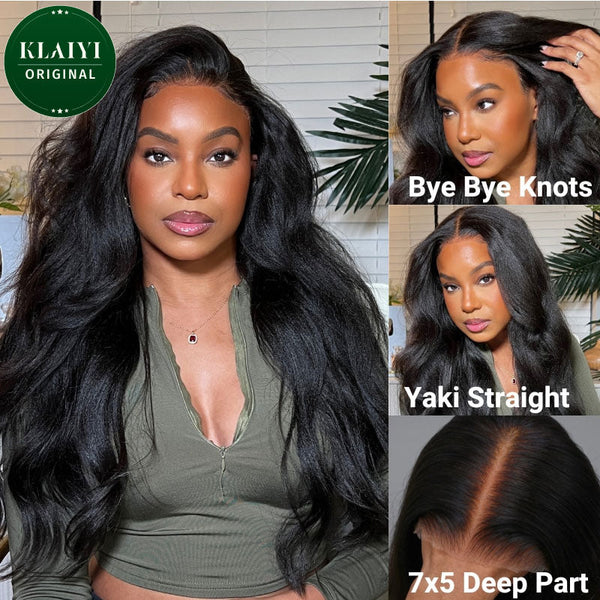 Extra 70% OFF | Klaiyi Yaki Straight Put On and Go Glueless Lace Wigs 7x5 Bye Bye Knots Pre-cut Human Hair Lace Wig Kinky Straight