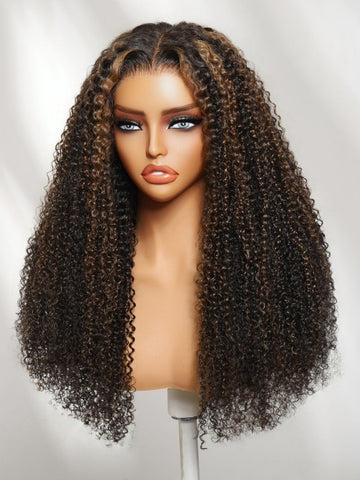 Klaiyi 7x5 No-Slip Glueless Wig Golden Brown with Sunlit Highlights Kinky Curly 150% Density Bye-Bye Knots Lace Closure Put-On & Go