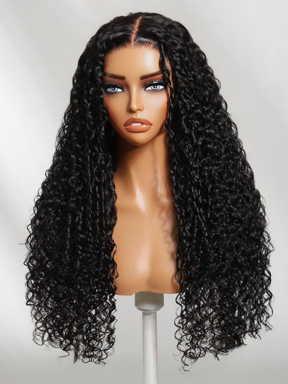 Klaiyi 7x5 Glueless Water Wave Wig with Burmese Curl Mix Pre-Styled Twist & Finger Coil Ends Put On And Go Gluless Lace Human Hair