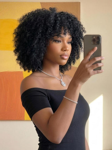 Klaiyi Chic Short Afro Kinky Curly Wig Machine Made Glueless Fluffy Curly Bob Human Hair Wigs