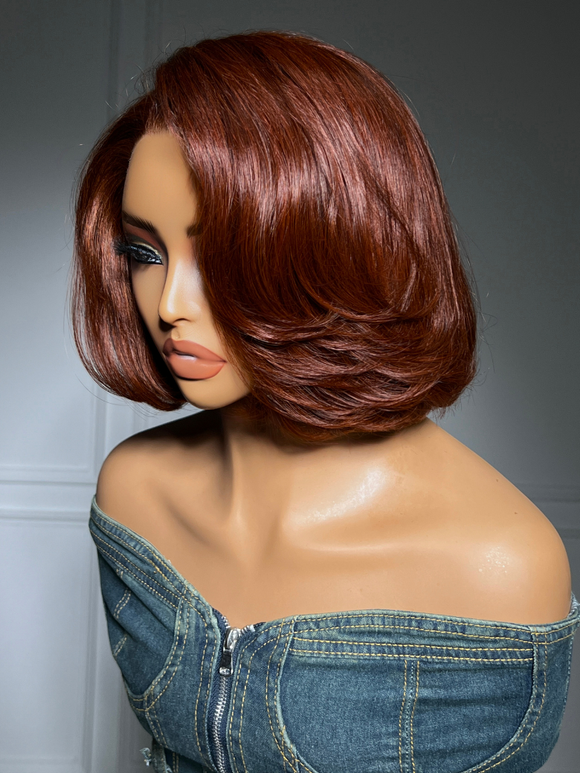 Perruque Klaiyi Black Cherry 7x5 Bye Bye Knots Blow Out Bob sans colle avec frange rideau, volume naturel 