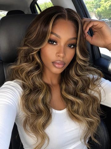 Klaiyi 7x5 No-Slip Glueless Chocolate Brown Honey Blonde Highlight Loose Wave Wig Layered Human Hair Wig with Curtain Bangs