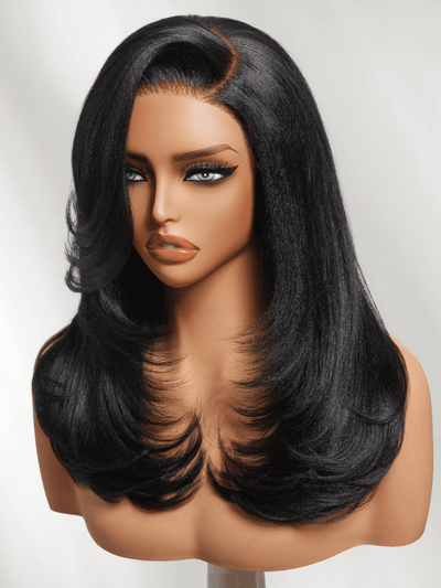 Klaiyi 7x5 HD No Slip Blowout Lob Yaki Straight Wig Side Part Face-Framing Feathered Layers Salon Blowout Look Glueless Wig