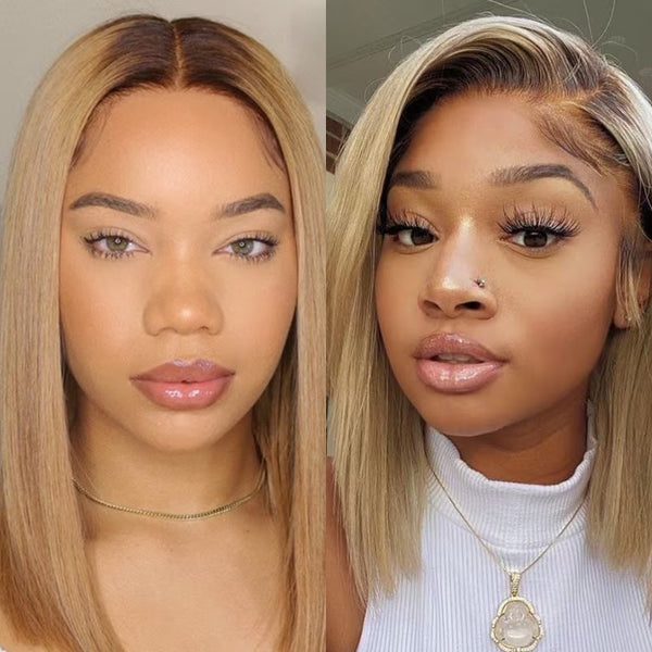 Klaiyi Omber Golden Blonde Color 13x4 Lace Frontal Wig Short Bob with Brown Root