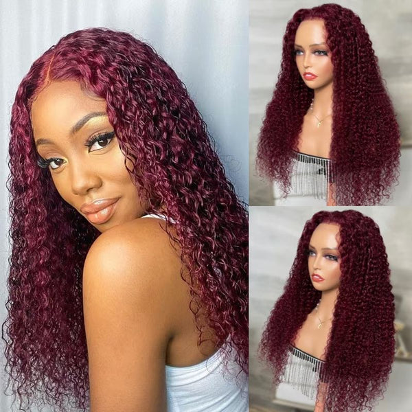 $169 Get 3 Wigs | 180% Density 4x4 Lace Closure 99J Jerry Curly Wig + Lace Part Kinky Curly Wig + Lace Part Kinky Straight Wig With Kinky Edge Flash Sale