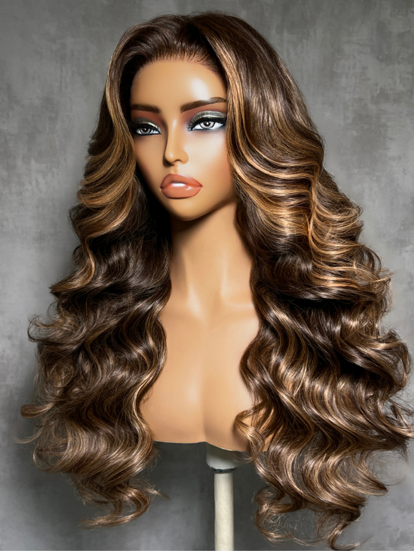 Klaiyi 7x5 No-Slip Glueless Chocolate Brown with Caramel Blonde Highlights Body Wave Put On & Go with Invisi Drawstring