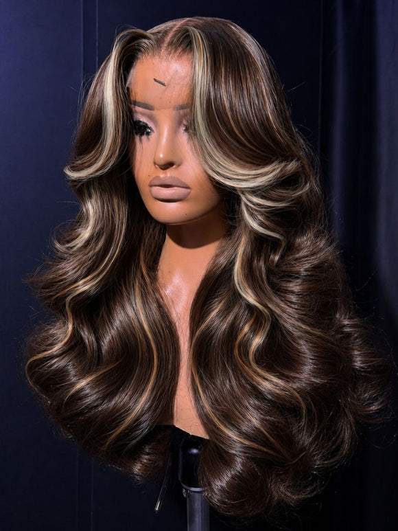Perruque Klaiyi Ombre Brown Balayage Highlight Body Wave 7x5 Bye Bye Knots, précolorée, sans colle, en cheveux humains et dentelle. 
