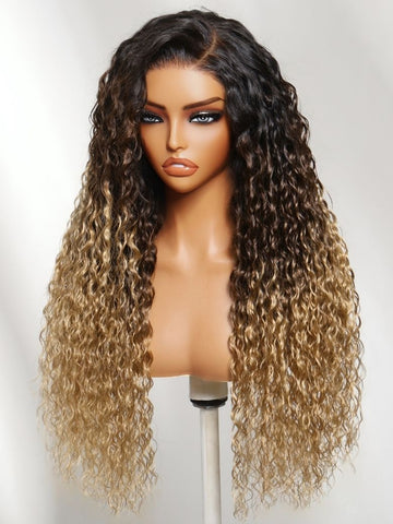 Klaiyi 7x5 No-Slip Glueless Water Wave Wig Ombre Brown to Blonde with Dark Roots 150% Density Wet & Wavy Beach Curls Put-On & Go