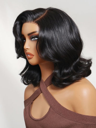 Klaiyi 7x5 No-Slip Glueless Lace Wig Short Glam Blowout Flip Bob 180% Density Put On & Go Human Hair Wig