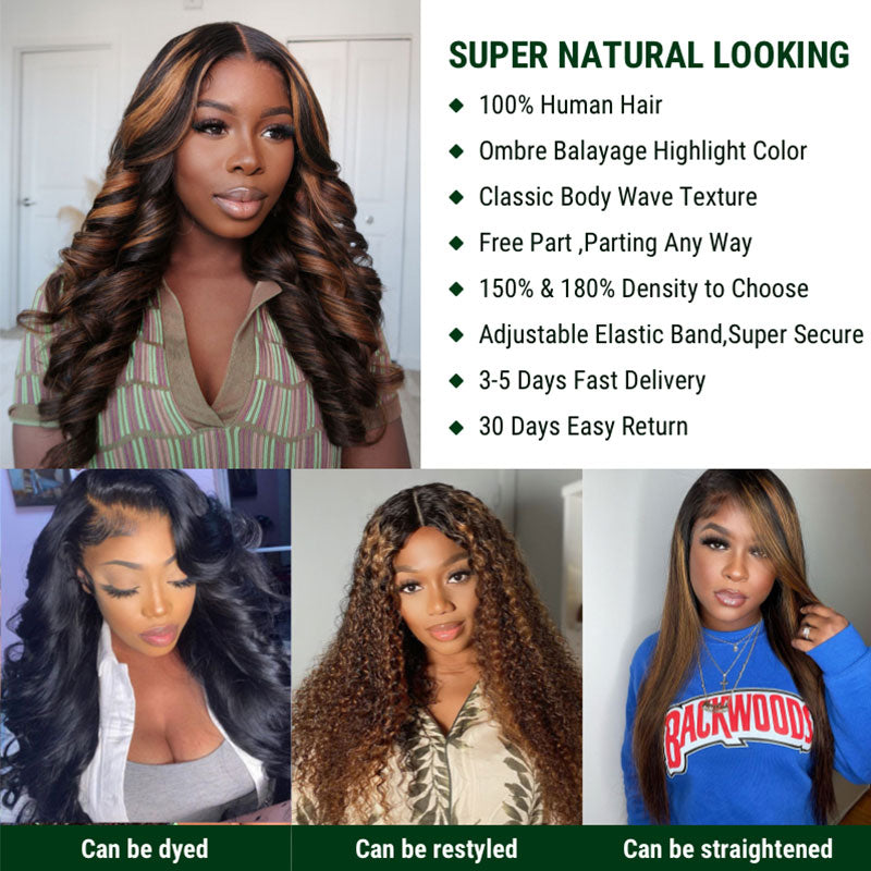 Extra 70% OFF | Klaiyi Dark Root Brown Balayage Highlight Body Wave 13x4 Lace Front Wig Human Hair Wig