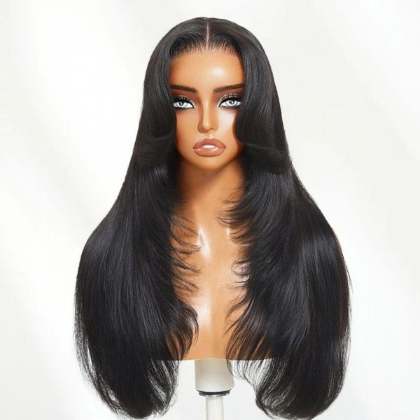 Klaiyi 13x4 Pre Everything Lace Frontal Sleek & Straight Soft Glam Hair Mimics a salon-fresh blowout With Face-framing Curtain Bangs