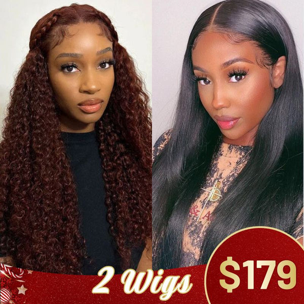$179 Get 2 Wigs |  6x4.75 Pre-cut Glueless Reddish Brown Jerry Curly Wig + 180% Density Lace Part Straight Wig Flash Sale