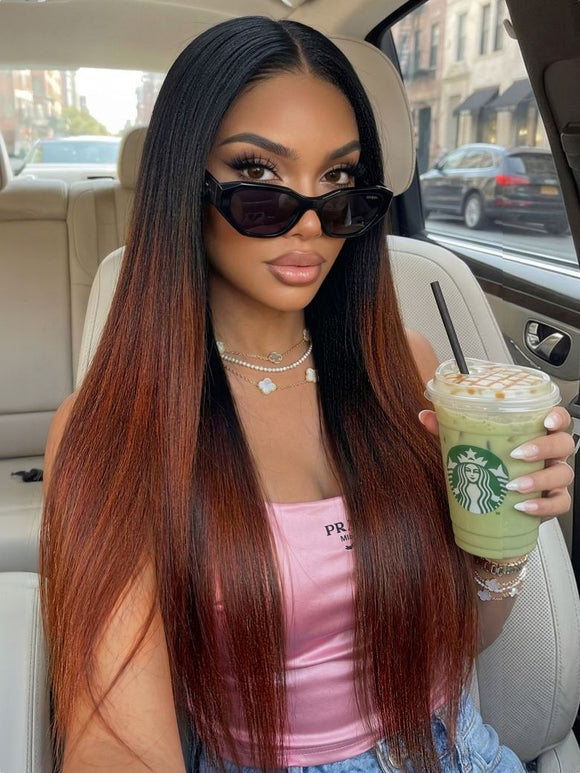 $77=20" Wig | Flash Sale Klaiyi Yaki Straight V Part Wigs Ombre Reddish Brown with Dark Roots Upgrade Invisi Drawstring