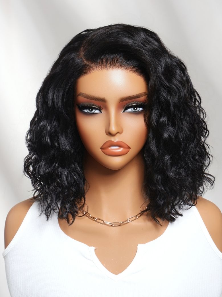 Klaiyi 6x4 Lace Closure Ready to Go Water Wave Short Wavy Bob Wig Glueless Minimalist Lace Wig 220% Density