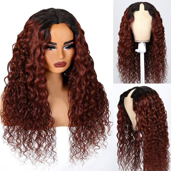 Extra 50% Off Code HALF50 | Klaiyi Breathable Cap Wig Dark Root Reddish Brown Water Wave V Part Wigs Real Scalp No Leave Out