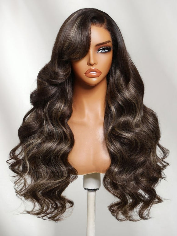Perruque Klaiyi Ombre Brown Balayage Highlight Body Wave 7x5 Bye Bye Knots, précolorée, sans colle, en cheveux humains et dentelle. 