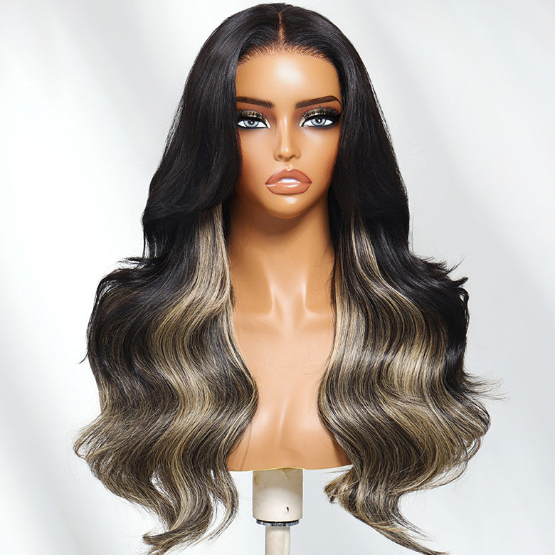 Klaiyi 1B/Gray Blonde Highlights 7x5 Bye Bye Knots Loose Wave Wig Put on and Go Glueless Wig