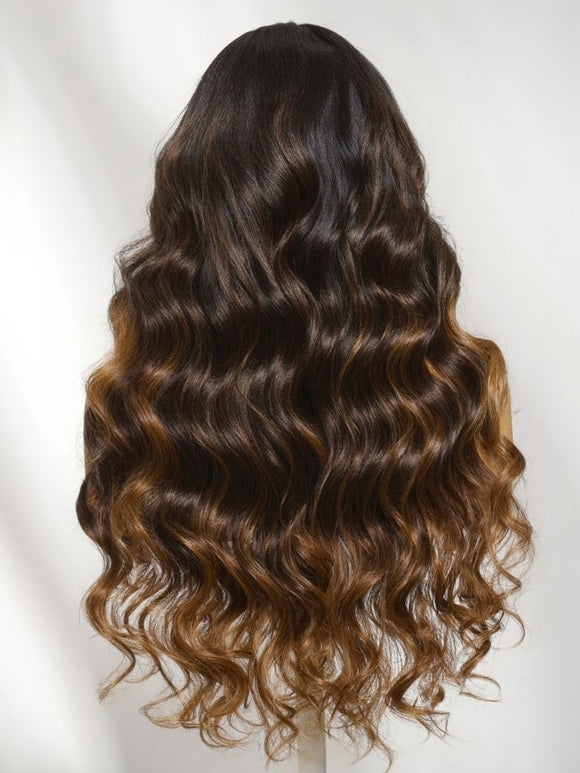 Perruque Klaiyi Ombre Brown Balayage Highlight Body Wave 7x5 Bye Bye Knots, précolorée, sans colle, en cheveux humains et dentelle. 
