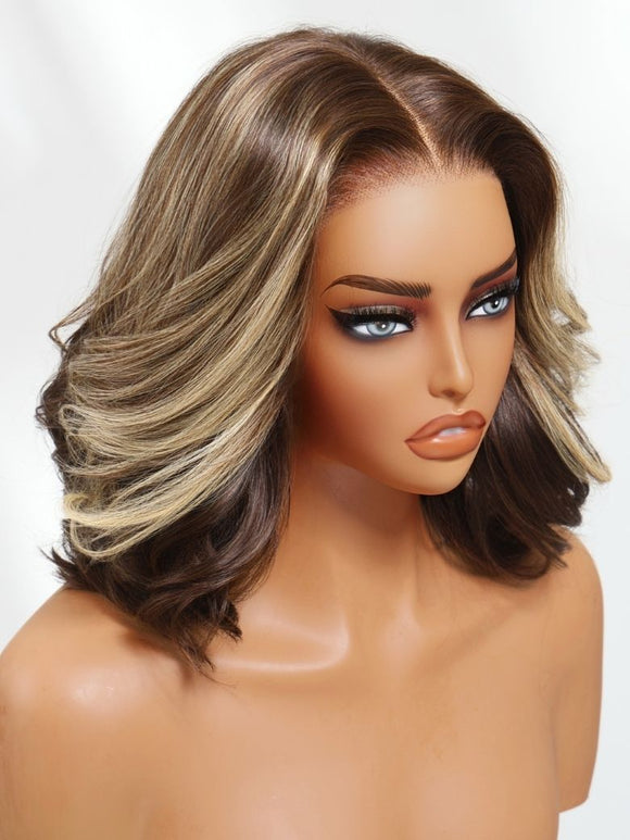Klaiyi 13x4 Dark Brown with Honey Blonde Highlights Chic Shoulder-Length Wavy Lob Face-Framing Layered Blowout Bob