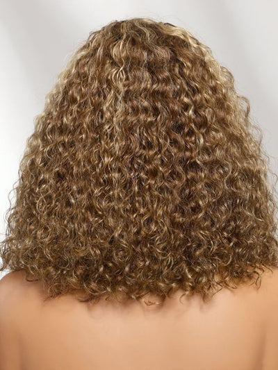 Klaiyi 7x5 No-Slip Glueless Wig Brown with Honey Blonde Highlights Sun-Kissed Curly Bob Shoulder-Length Put-On & Go