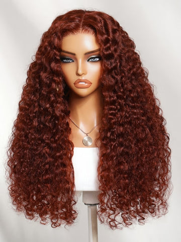 Klaiyi 13x4 Pre-Everything Lace Frontal Wig Reddish Brown Fluffy Burmese Wavy Human Hair Wig