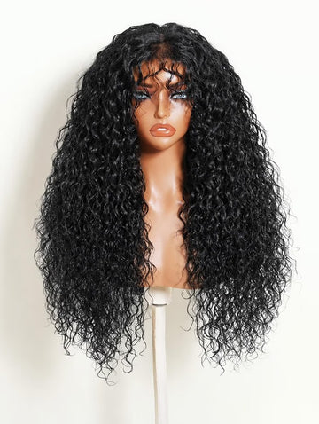 Klaiyi 7x5 No-Slip Glueless Shaggy Curly Wig with Bangs Put On & Go Human Hair Wig
