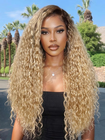 Klaiyi 13x4 No-Slip Glueless Lace Frontal Wig Golden Blonde With Dark Roots Water Wave Human Hair Wigs with Invisi Drawstring