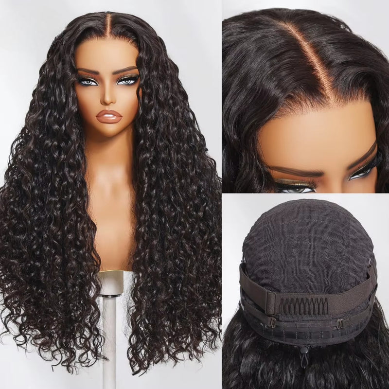 Klaiyi Water Wave 7x5 Bye Bye Knots Wig Put On and Go Glueless Human Hair Wigs Natural Black Color
