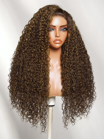 Klaiyi 7x5 No Slip Gluless Lace Closure Wig Chocolate Brown With Caramel Highlights Fluffy Curly Human Hair Wig